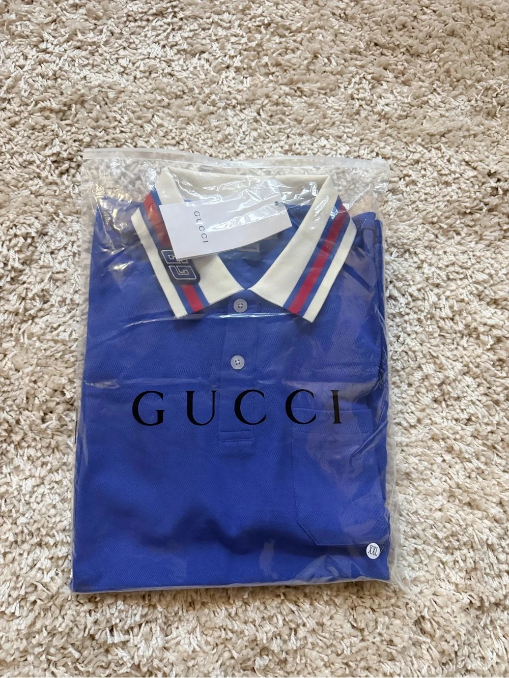 Gucci Men's Cobalt Blue Polo with Contrast Stripe Collar